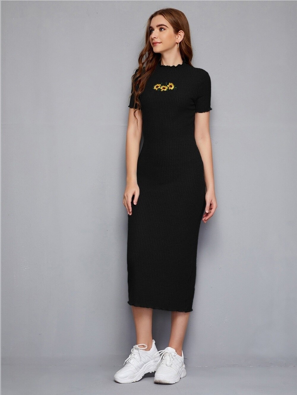 Black Ribbed Mock Neck Sunflower Embroidered Lightweight Midi Dress